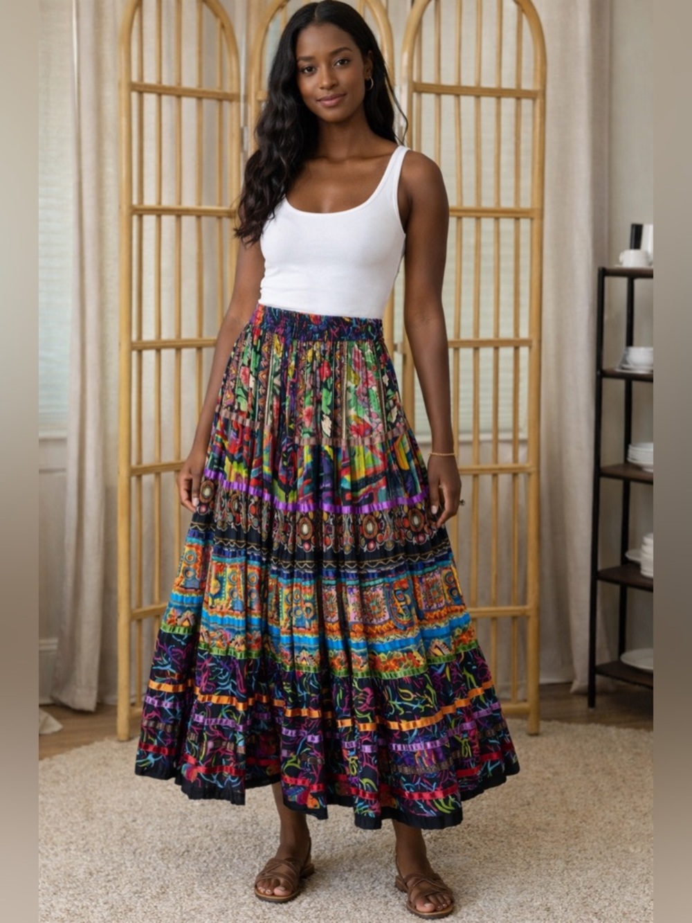 Vintage Soft Surroundings Boho Gypsy Multicolor Tiered Maxi Skirt